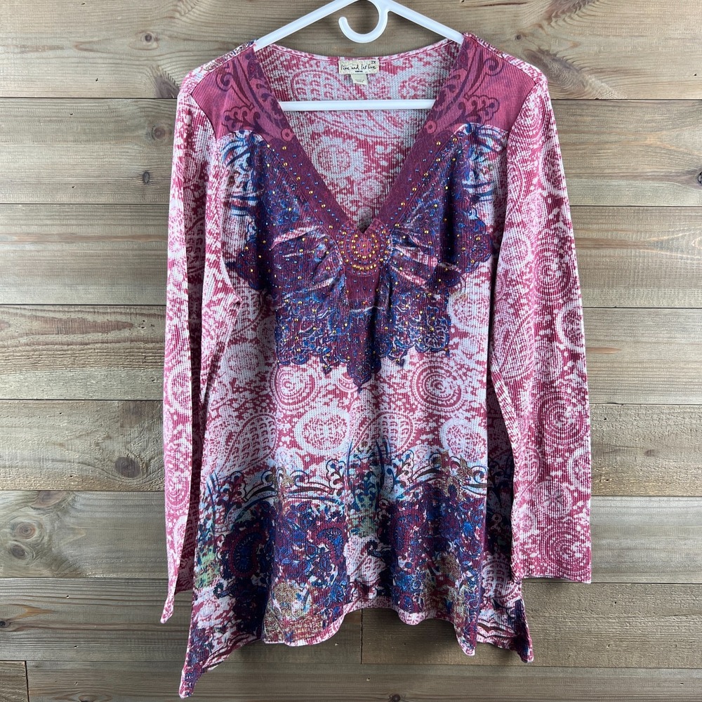 One World Womens Shirt Long Sleeve Vneck Waffle‎ Knit Sublimation Embellished 2X